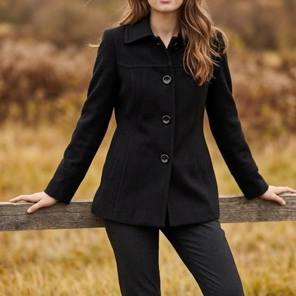 London Fog Black Wool Blend Pea Coat Petite Medium PM Button Front Jacket